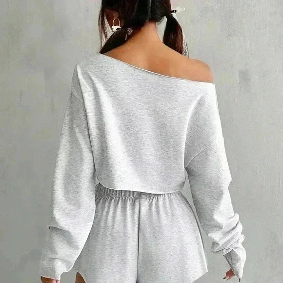 Grey Casual Women's Summer Solid Color Crop Top And Shorts Set - Picture 3 of 6